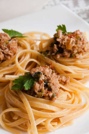 Italian pasta with beef in tomato sauceの写真素材