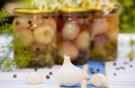 Canned pickled garlic for the winterの写真素材