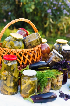 Home canning, canned vegetables outdoorsの写真素材