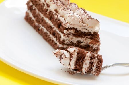 Chocolate cake on a yellow background