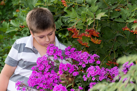 Teen boy about flowers in the gardenの写真素材