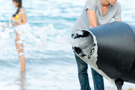 Kemer, Turkey-August 21, 2014. Foam Party on a resort. Group of people enjoying in drinking, dancing and music.のeditorial素材