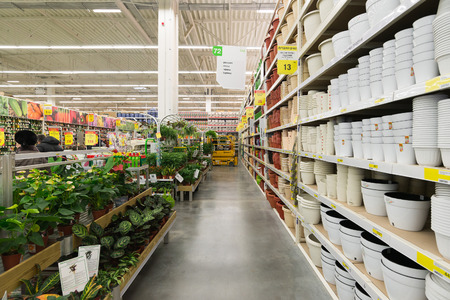 MOSCOW, RUSSIA - FEBRUARY 15, 201: Interior of  Leroy Merlin Store. Leroy Merlin is a French home-improvement and gardening retailer serving thirteen countriesのeditorial素材