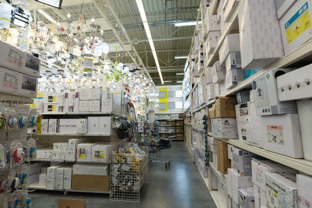 MOSCOW, RUSSIA - March 3, 2015: Chandeliers of the Leroy Merlin Store. Leroy Merlin is a French home-improvement and gardening retailer serving thirteen countriesのeditorial素材