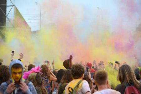 MOSCOW, RUSSIA - MAY 23, 2015: Festival of colors Holi in  Luzhniki Stadium. Roots of this fest are...