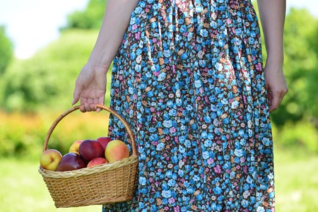 An adult woman with a basket of fruit in the parkの写真素材