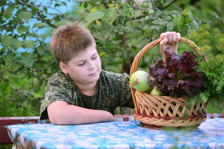 Teen Boy with a basket of fresh vegetables in the gardenの写真素材