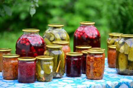 a Home canned vegetables in the garden in summerの写真素材