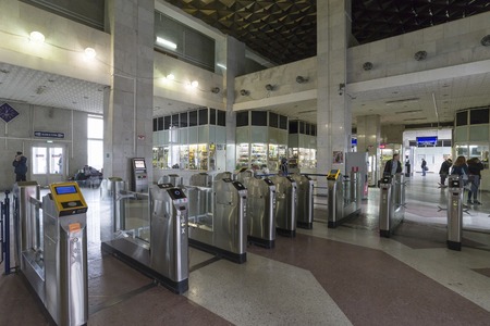 Vladimir, Russia - 05.11.2015. The interior of the train station with turnstiles