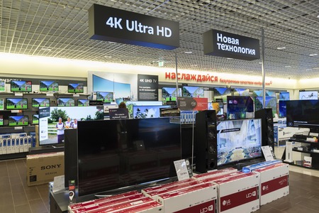 Khimki, Russia - December 22 2015. TV in Mvideo large chain stores selling electronics and  a household appliancesのeditorial素材