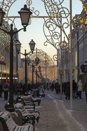 Moscow, Russia - January 10 2015. Old pedestrian Nikolskaya street in the center, a place of mass walks of Muscovites and touristsのeditorial素材