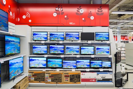 Moscow, Russia - February 02. 2016. TV in Eldorado is large chain stores selling electronics and household appliancesのeditorial素材