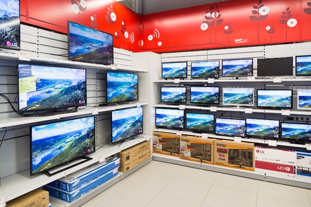 Moscow, Russia - February 02. 2016. TV in Eldorado is large chain stores selling electronics and household appliancesのeditorial素材