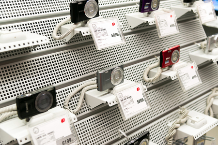 Moscow, Russia - February 02. 2016. Sony Camerasin Eldorado is large chain stores selling electronics and household appliancesのeditorial素材