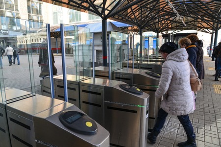 Moscow, Russia - March 14. 2016. Turnstiles at the entrance to the commuter train at Leningradsky...
