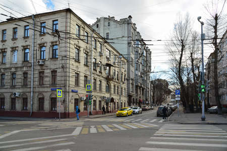 Moscow, Russia - March 14, 2016. Crossroads Novoryazanskaya street and a Pereulok Basmannyのeditorial素材