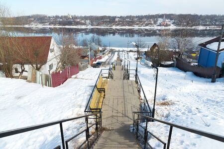 Tutaev, Russia - March 28, 2016.  Quay with stairs to the river Volgaのeditorial素材