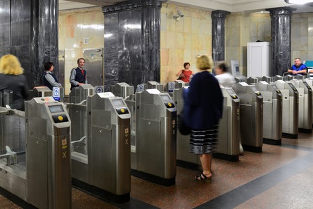 MOSCOW, RUSSIA -03.06.2016. Turnstiles at Kurskaya metro station. Moscow Metro carries 7 million passengers per dayのeditorial素材