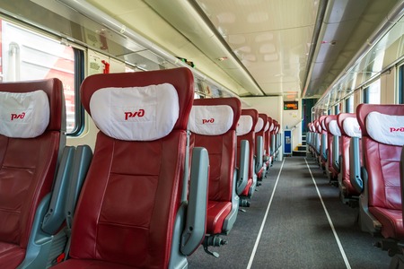 Moscow, Russia - June 14.2016. Interior of two-storey train number 45 route from Moscow to Voronezh at the Kazan stationのeditorial素材