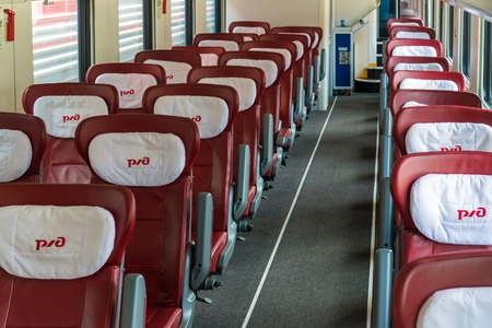 Moscow, Russia - June 14.2016. Interior of two-storey train number 45 route from Moscow to Voronezh at the Kazan stationのeditorial素材
