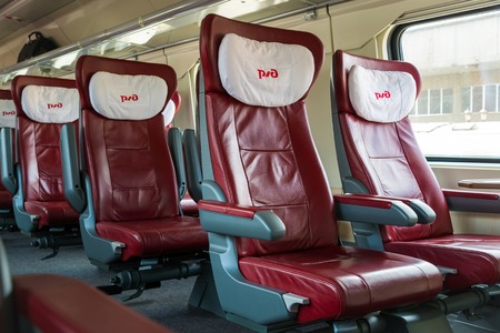 Moscow, Russia - June 14.2016. Interior of two-storey train number 45 route from Moscow to Voronezh at the Kazan stationのeditorial素材