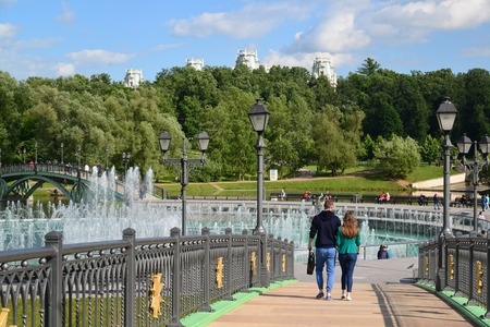 Moscow, Russia - June 08. 2016. People go on afootbridge in museum Tsaritsyno Museumのeditorial素材