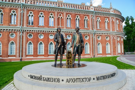 Moscow, Russia - June 08, 2016. Sculptures of architects Bazhenov and Kazakovin a Tsaritsyno museum...