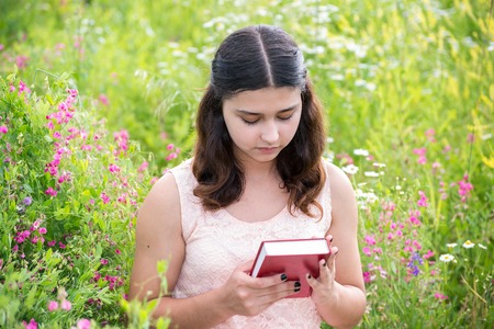 Romantic girl reading a book on a natureの写真素材