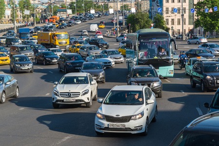 Moscow, Russia -May 14.2016. A Dense traffic on one of the central streetsのeditorial素材