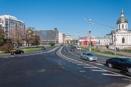 Moscow, Russia - 09.21.2015. View of the Arbat Square Prague and chapel of Boris and Gleb, and Arbatskaya Metroのeditorial素材