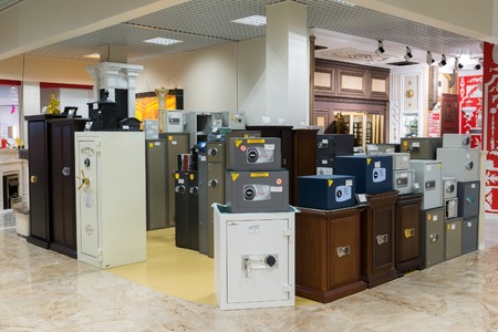Khimki, Russia - September 03.2016. Many metal safes in the largest furniture store Grandのeditorial素材