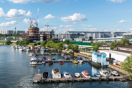 Moscow, Russia - July 09.2016. Pleasure boats at the pier of the yacht club Shore Houseのeditorial素材