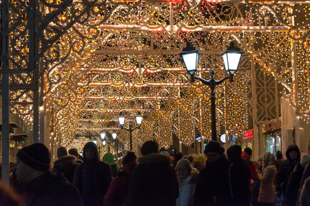 Moscow, Russia - January 10.3016. Festival - Christmas light - on the street Nikolskayaのeditorial素材