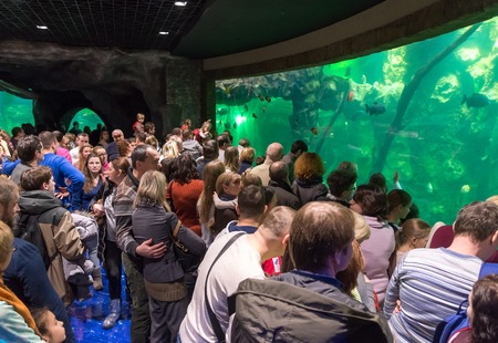 Moscow, Russia - December 10.2016. Many people in the Oceanarium in Krasnogorsk. the opening dayのeditorial素材