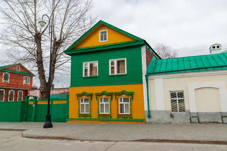 Kazan, Russia - March 28.2017. Ancient wooden house in Staro-Tatar Sloboda, pedestrian street Kayum Nasiryのeditorial素材