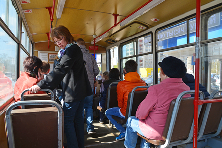 Tver, russia - may 07.2017 Passengers in a tram 5 routeのeditorial素材