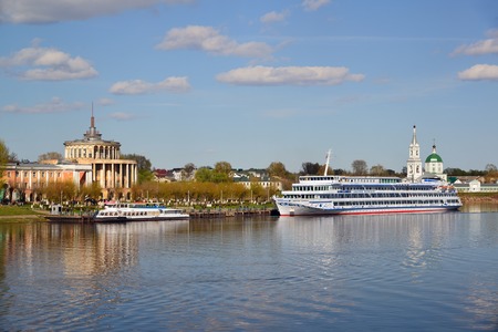 Tver, Russia - may 07.2017. Pleasure craft and motor shipon pier at a river stationのeditorial素材
