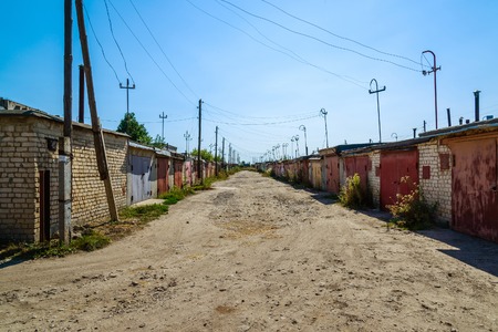 A number of garages along the street in the cooperative, Russiaの写真素材