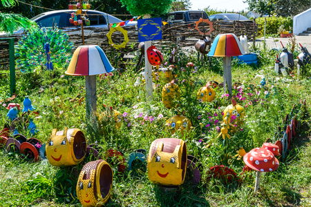 Animal crafts handmade from improvised materials on the playground, Russiaの写真素材