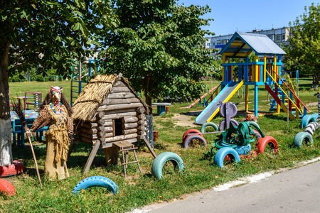 Lipetsk, Russia - August 14.2017. Fairytale character - Baba Yaga and a hut on the playgroundのeditorial素材