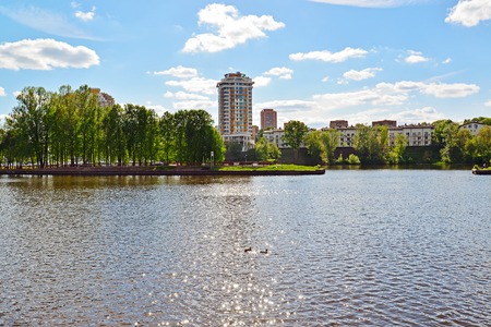 View of Khimki city from side of Moscow Canal. Russia.の写真素材
