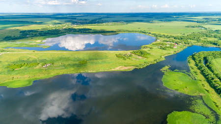 A birds eye view of ponds in summer, Russiaの写真素材