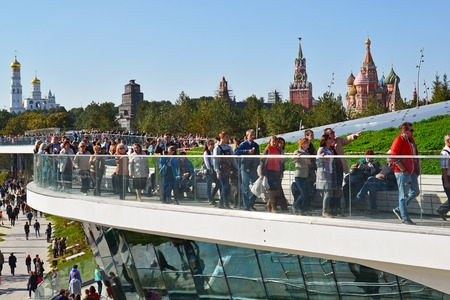 Moscow, Russia - September 23. 2017. People in viewing platform in park Zaryadyeのeditorial素材