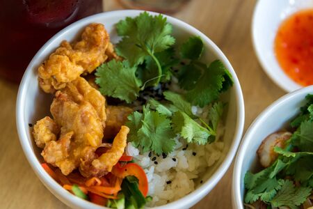 Rice in Japanese with chicken in a batterの写真素材