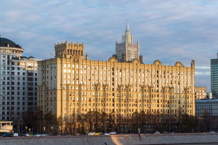 Moscow, Russia -November 2. 2017. House of Stalinist architecture in Empire style on Smolenskaya embankmentのeditorial素材