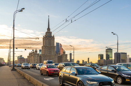 Moscow, Russia -November 2. 2017. Views of Radisson Royal Hotel and car on Novoarbatsky bridgeのeditorial素材