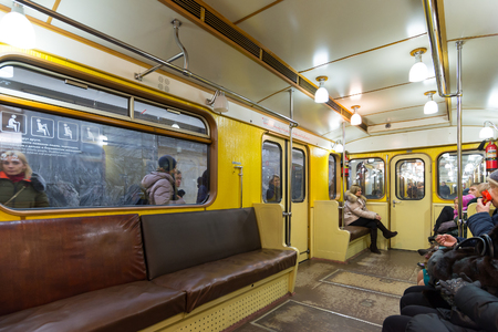 Moscow, Russia - January 10. 2018. Old train of times of USSR at Okhotny Ryad metro station.のeditorial素材