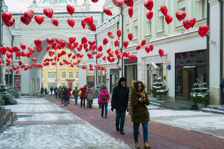 Moscow, Russia - February 11, 2018. Tretyakov Passage decorated with balloons in shape of hearts for Valentine Dayのeditorial素材