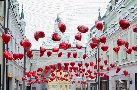 Moscow, Russia - February 11, 2018. Tretyakov Passage decorated with balloons in shape of hearts for Valentine Dayのeditorial素材