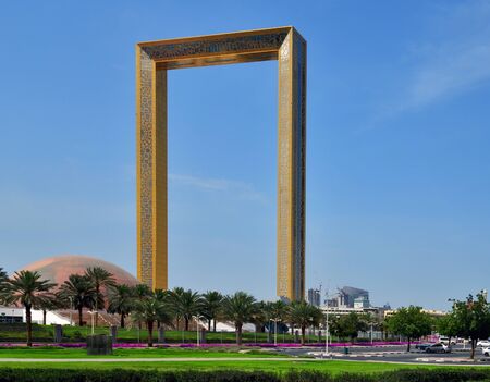 Dubai, UAE - April 8. 2018. Dubai frame - building in form of frame for photos. new attraction was built in 2018.のeditorial素材